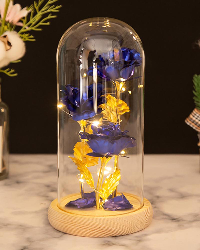 

24K Artificial Flower Rose Gift Eternal Rose in The Glass Dome With LED String Lights, Blue