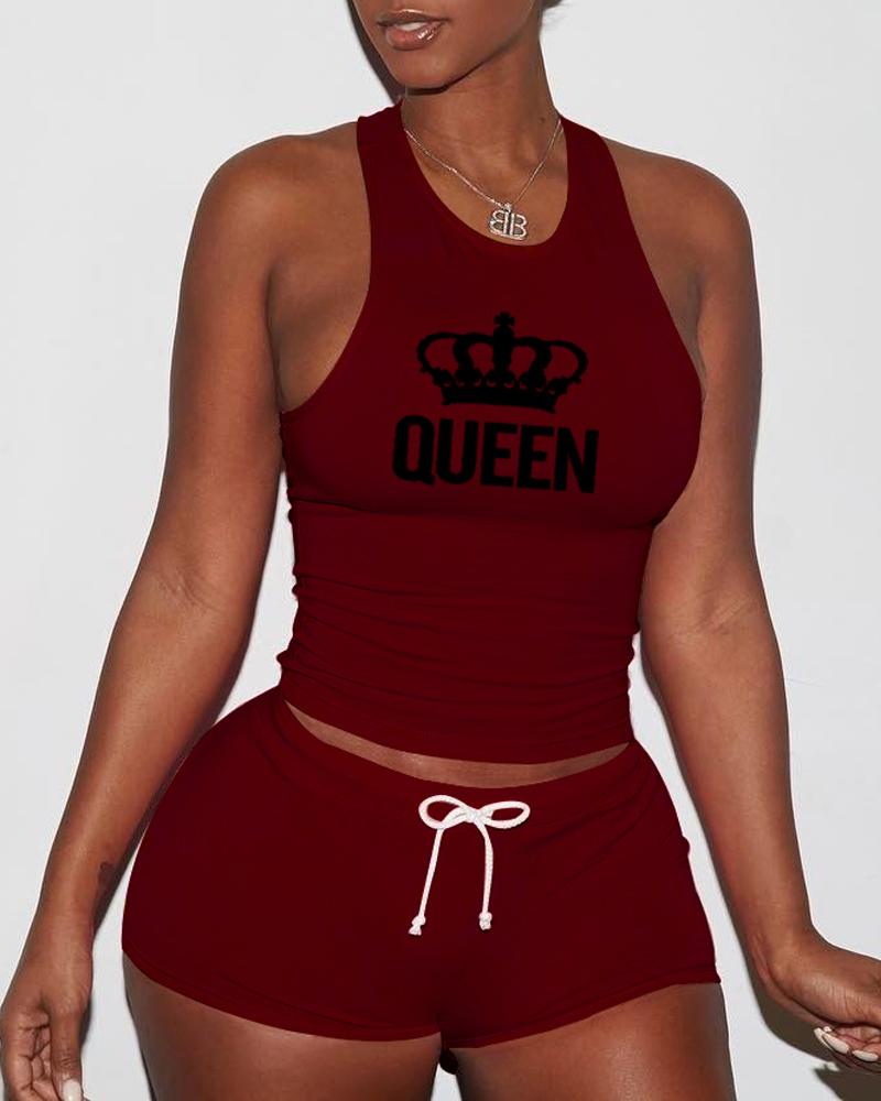 

Letter Crown Print Drawstring Active Set, Wine red