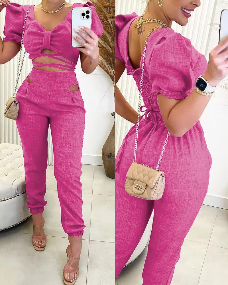 

Puff Sleeve Tied Detail Crop Top & Pants Set, Hot pink