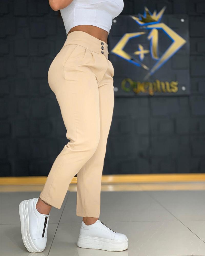 

High Waist Buttoned Ruched Pants, Khaki