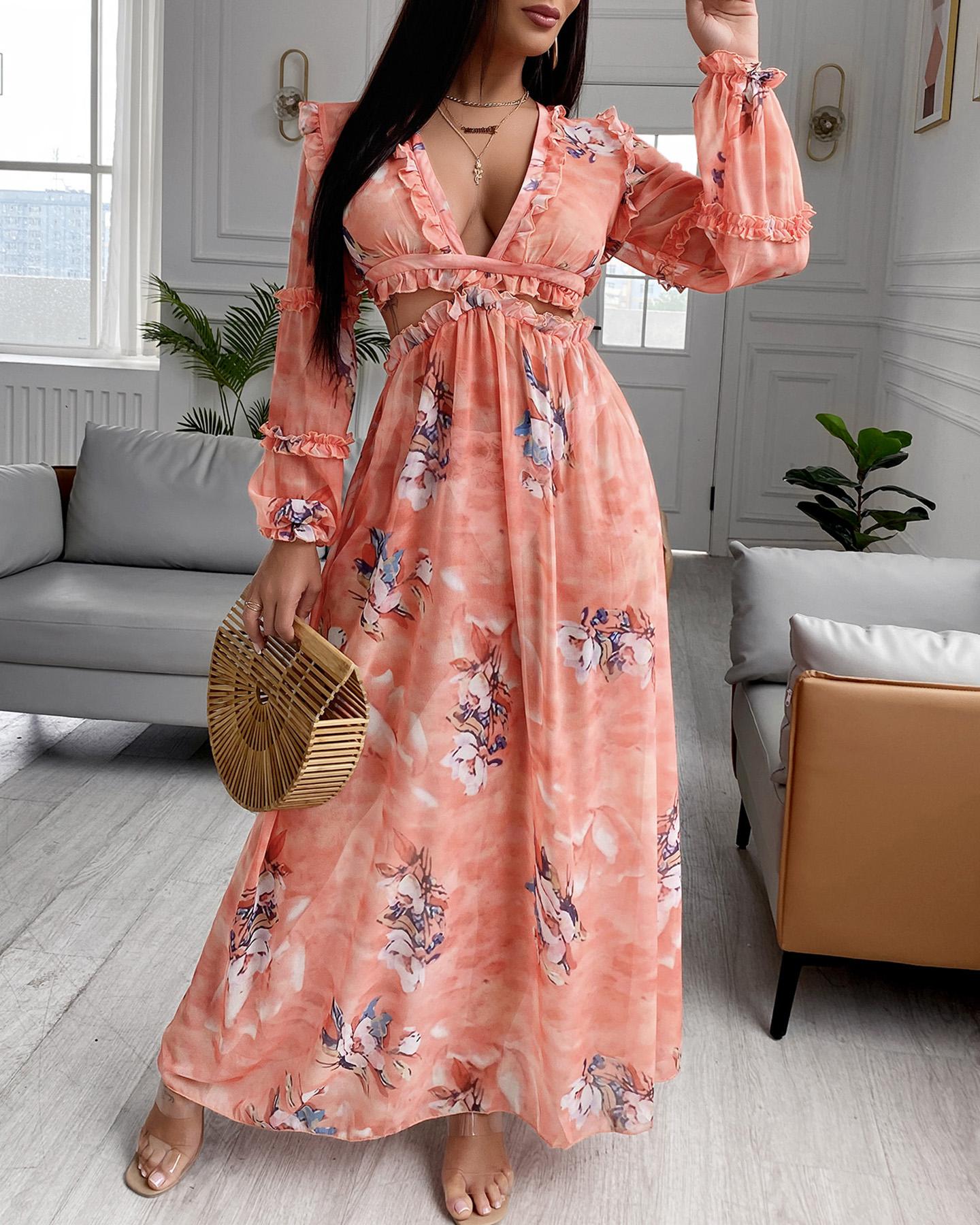 

Lantern Puff Sleeve Cutout Floral Print Maxi Dress, Pink