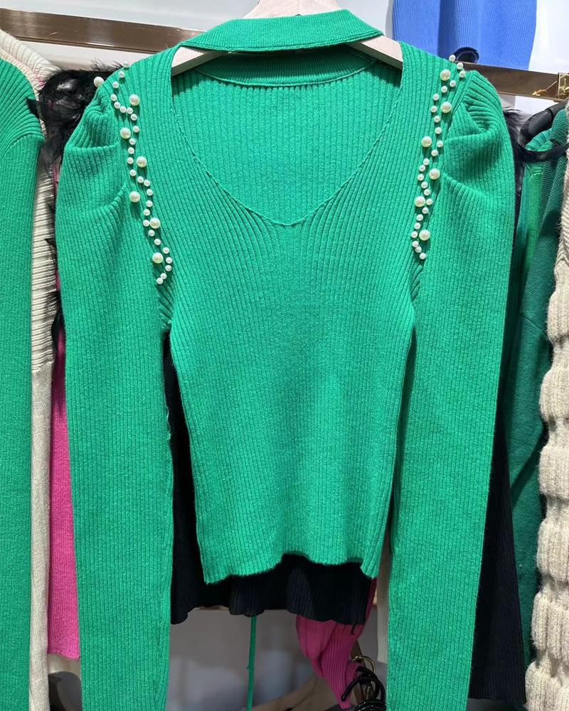 

Keyhole Neck Beaded Knit Sweater, Green
