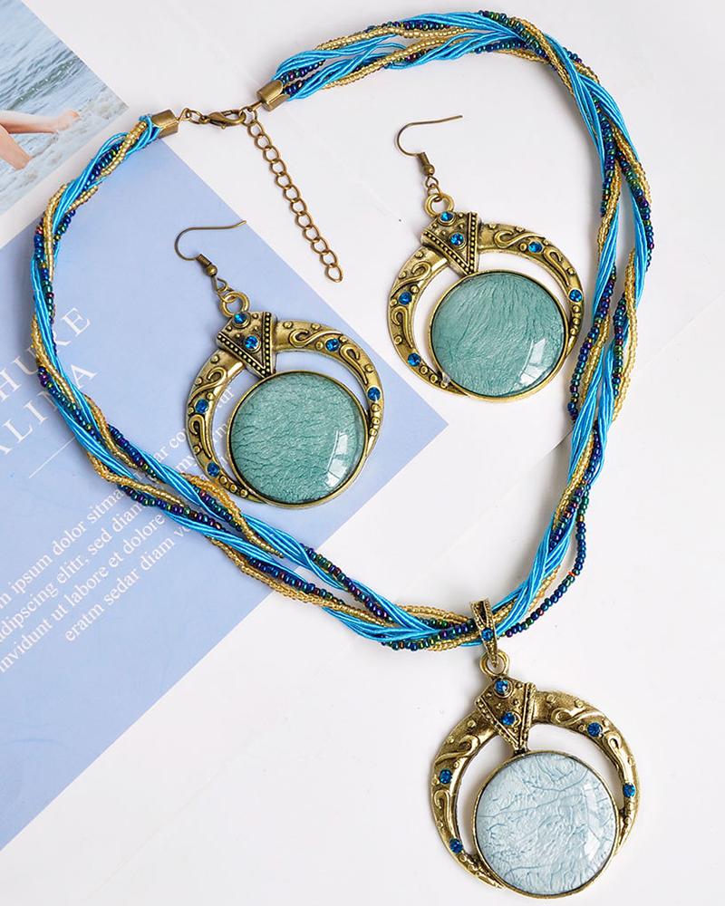 

2pcs Round Gem Stone Necklace & Drop Earrings Bohemian Jewelry Set, Blue