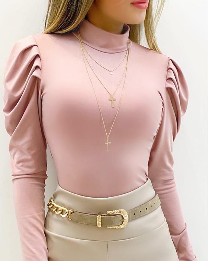 

Plain O Neck Ruched Gigot Sleeve Basic Top Skinny Blouse, Pink