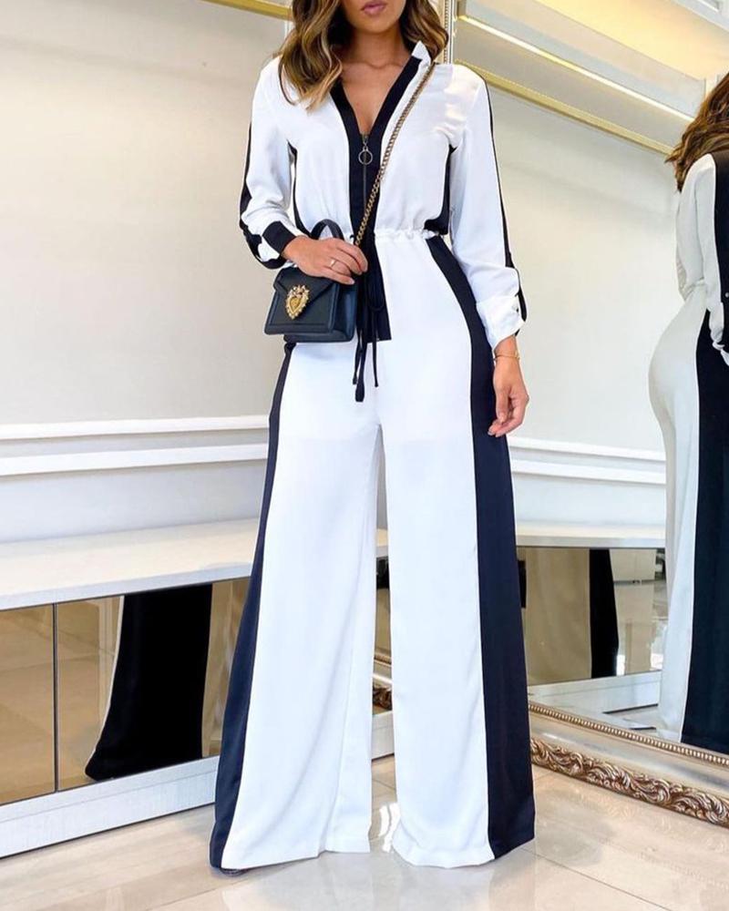 

Colorblock Zip Front Long Sleeve Wide Leg Jumpsuit, White