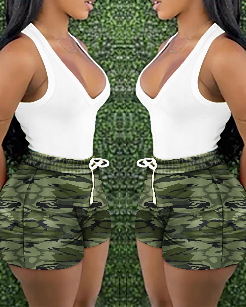 

Plain Tank Top & Camo Print Drawstring Shorts Set, Camoflage