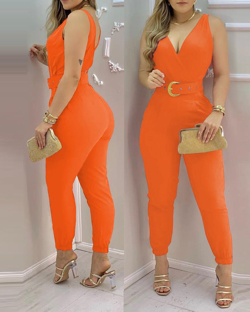 

Casual Solid V Neck Sleeveless Belted Overall jumpsuits Rompers, Orange