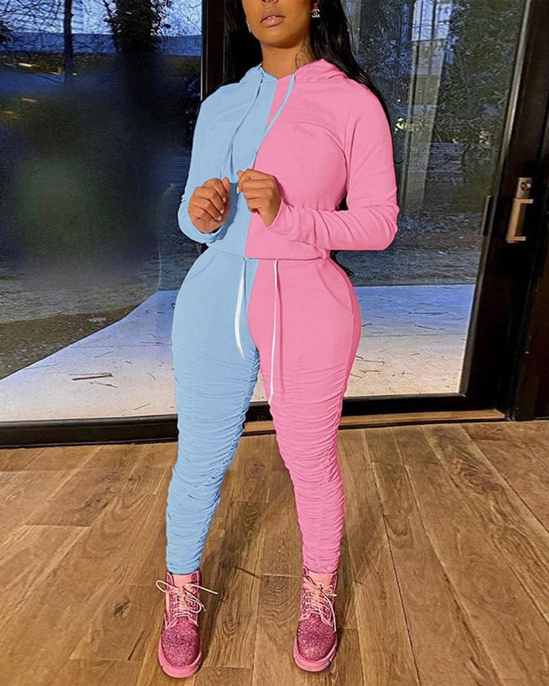 

Colorblock Long Sleeve Drawstring Hoodie & Ruched Pants Set, Blue
