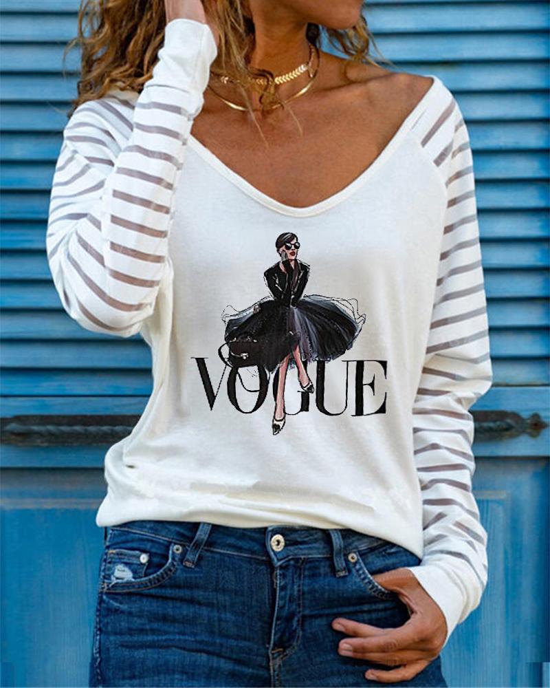 

Figure Letter Print Contrast Mesh Long Sleeve Top, White