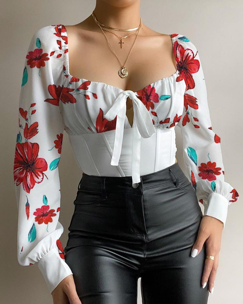 

Floral Print Tie Front Lantern Sleeve Top, Red