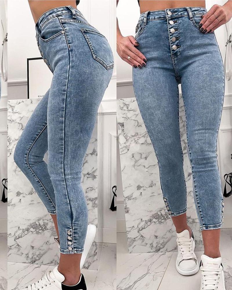

Solid Color High Waist Skinny Jeans, Blue