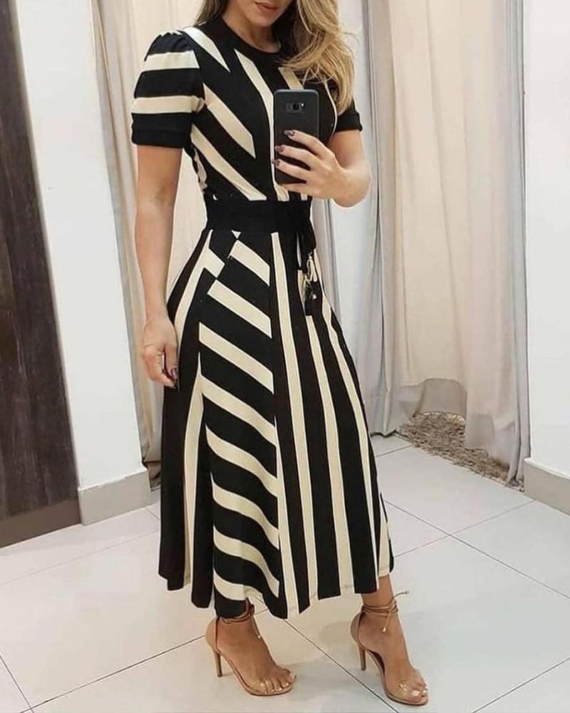 

Striped Colorblock Short Sleeve Maxi Women Dress, Black