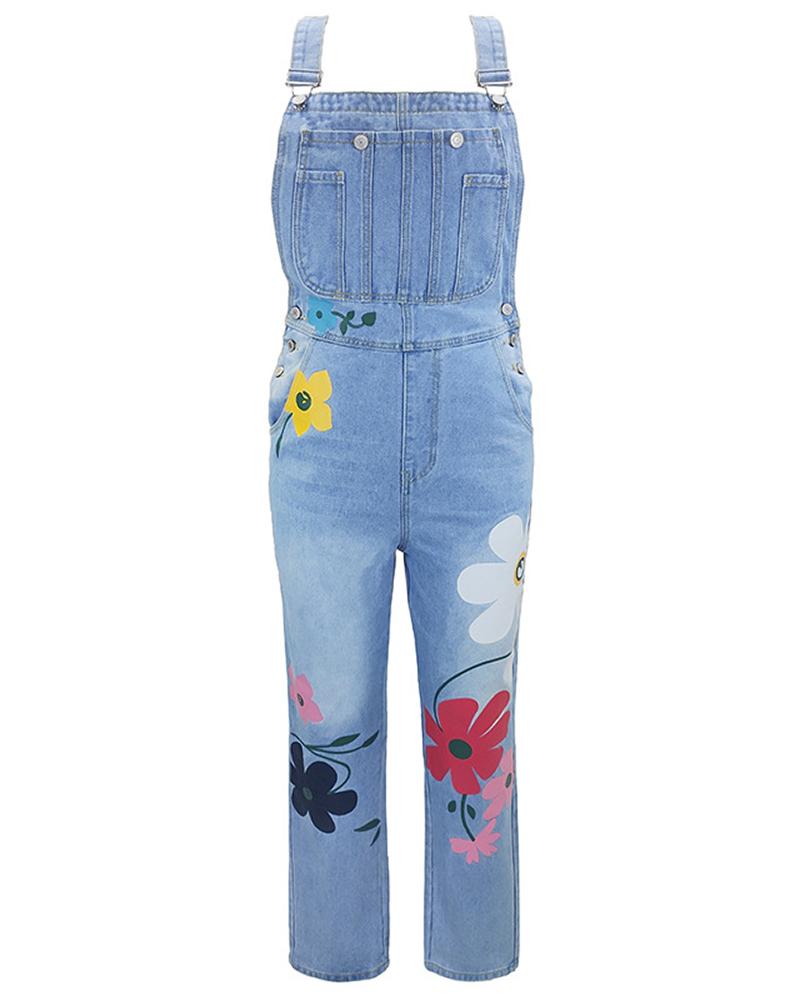 

Floral Print Pocket Design Suspender Denim Jumpsuit, Lighted blue
