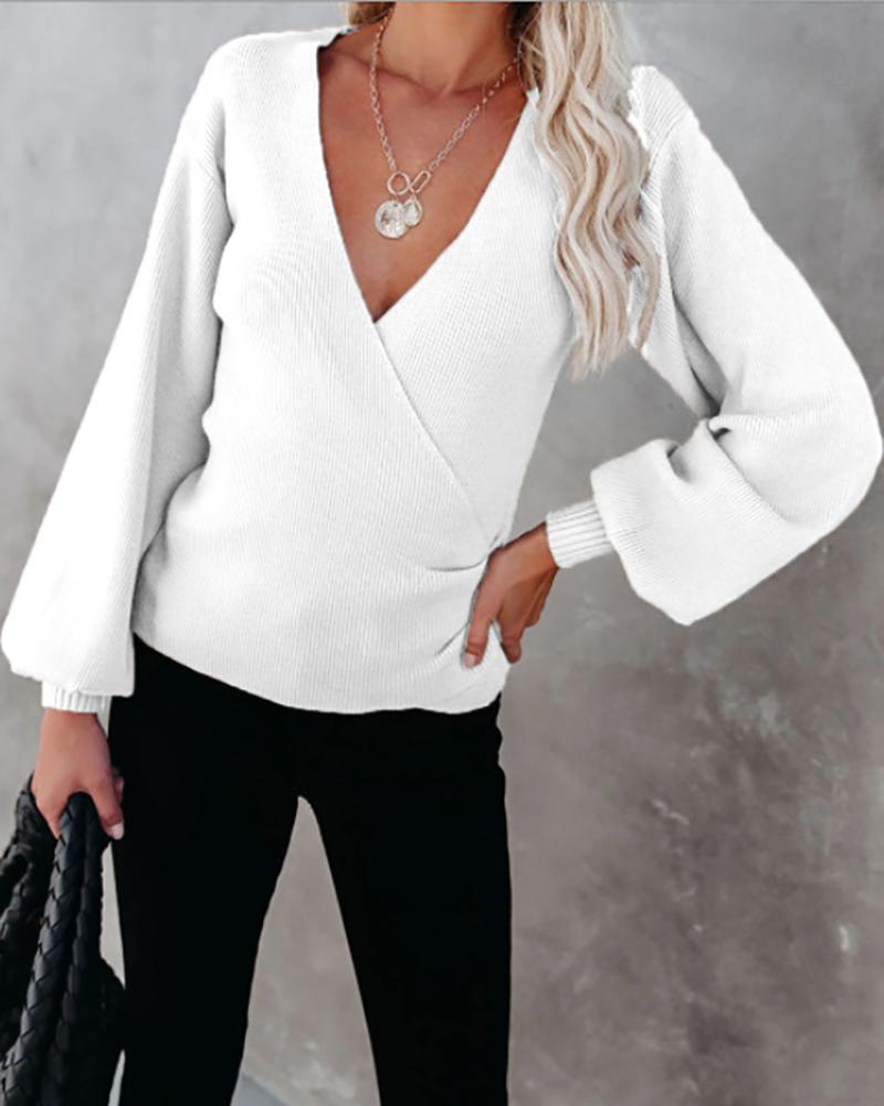 

Surplice Neck Lantern Sleeve Knit Sweater, White