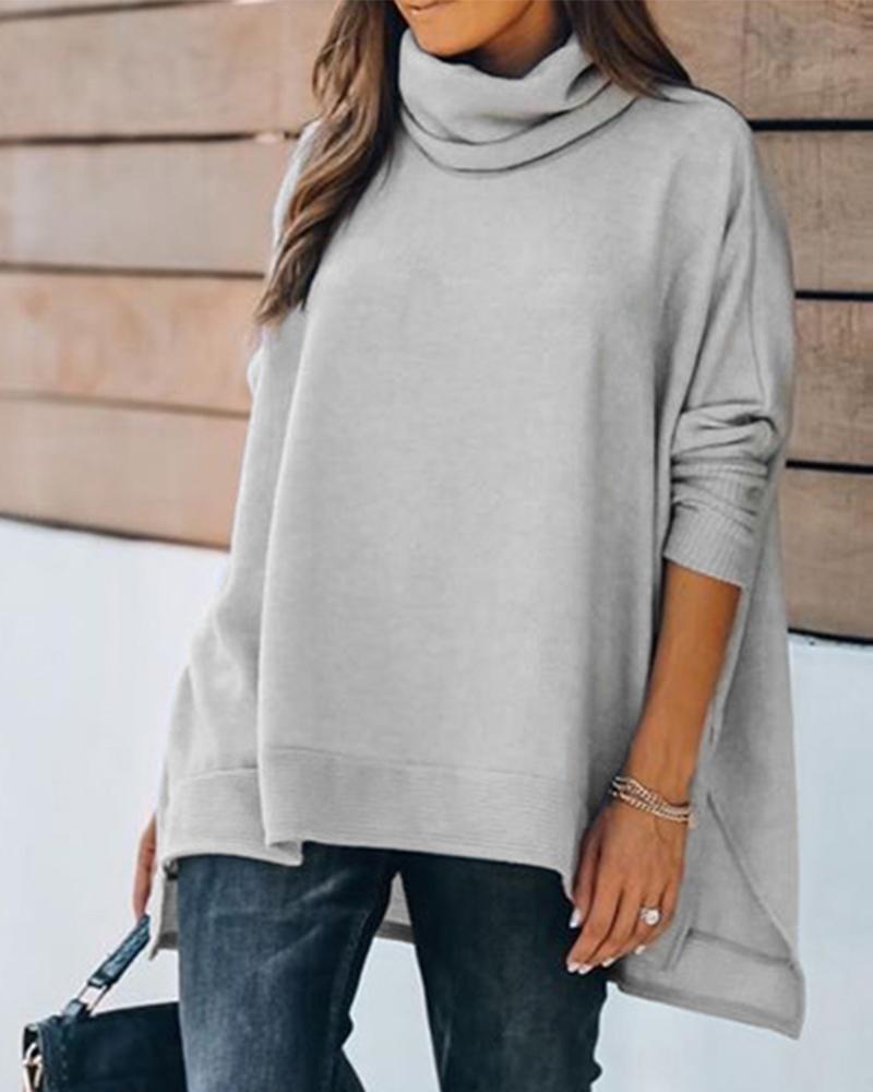 

High Neck Long Sleeve Casual Top, Gray