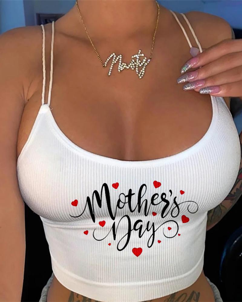 

Mother's Day Heart Letter Print U Neck Cami Top, White