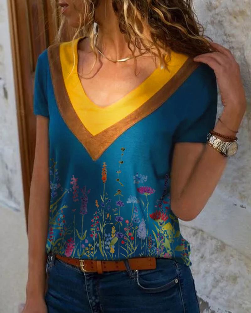 

V-neck Short Sleeve Floral Print Blouse, Purplish blue