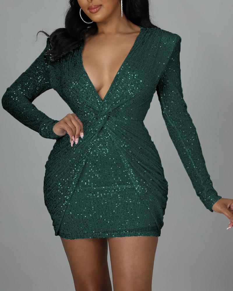 

Allover Sequin Twisted Long Sleeve Party Dress, Green