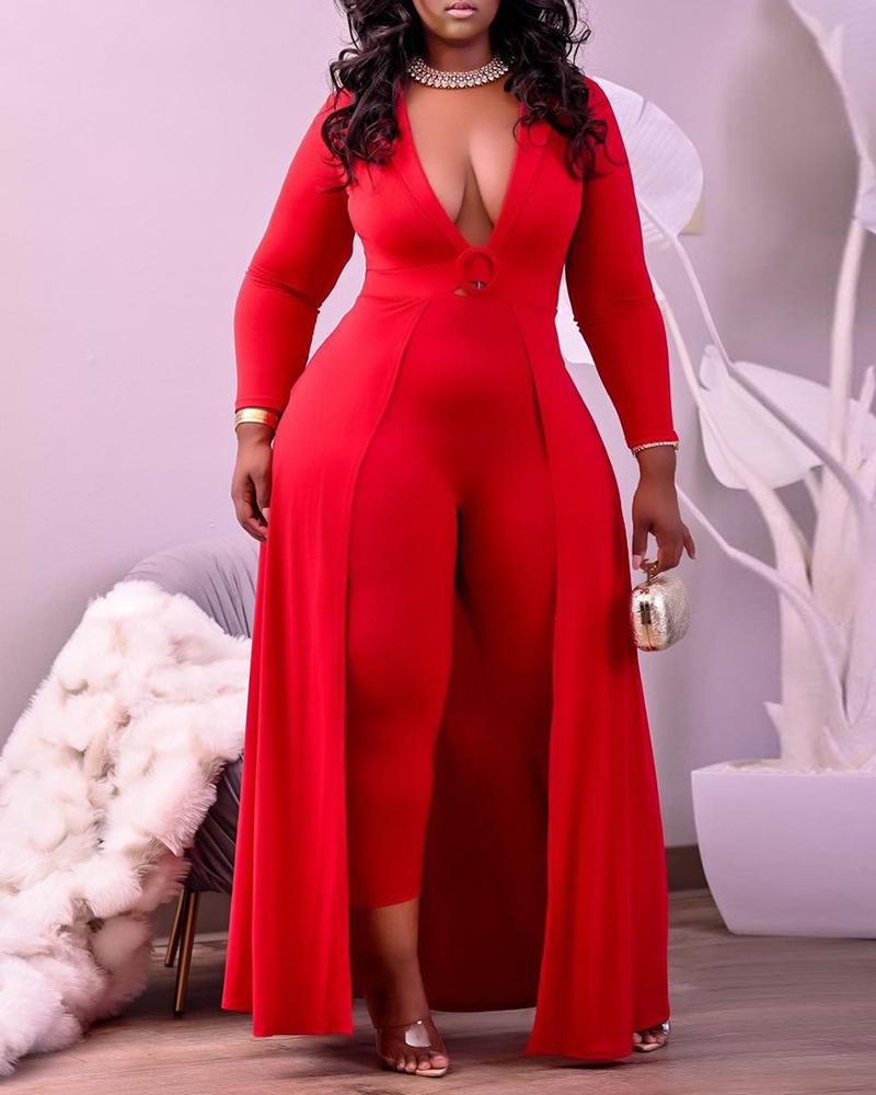 

Plus Size Long Sleeve Plunge Jumpsuit, Red