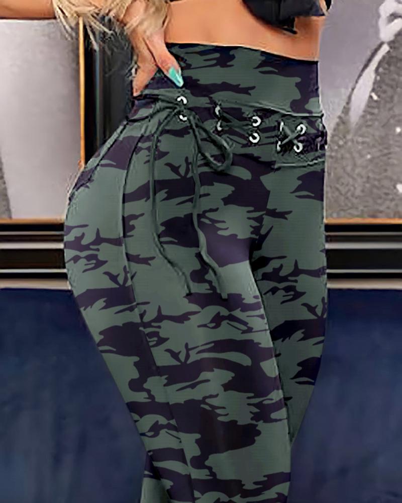

Camouflage Print High Waist Eyelet Lace-up Skinny Pants, Green