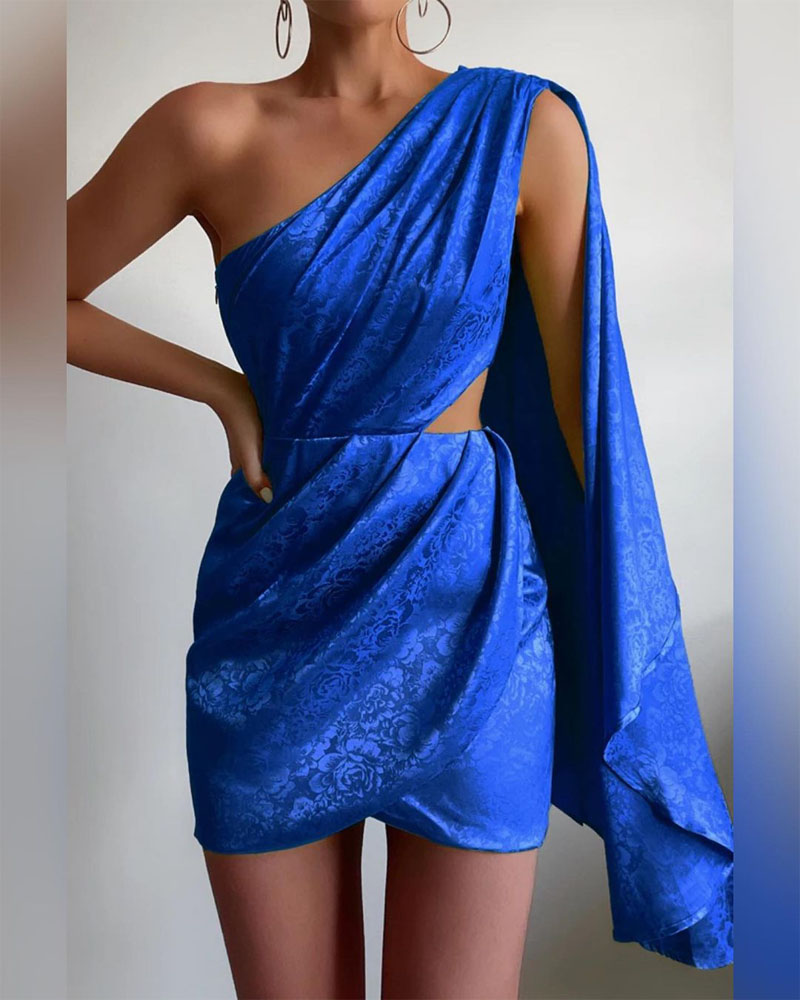 

Floral Print One Shoulder Cutout Party Dress, Blue