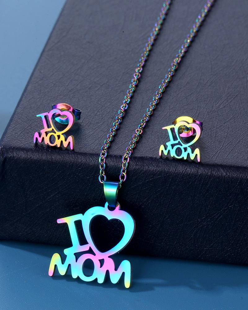 

2pcs Mother's Day Gift Hollow Out I Love Mom Letter Pendant Necklace & Stud Earrings Jewelry Set, Multicolor