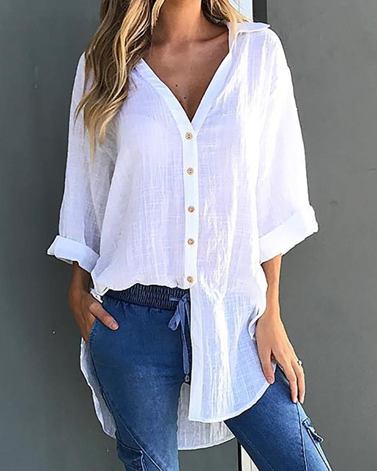 

Solid Button Through Knot Side Loose Blouse, Blue