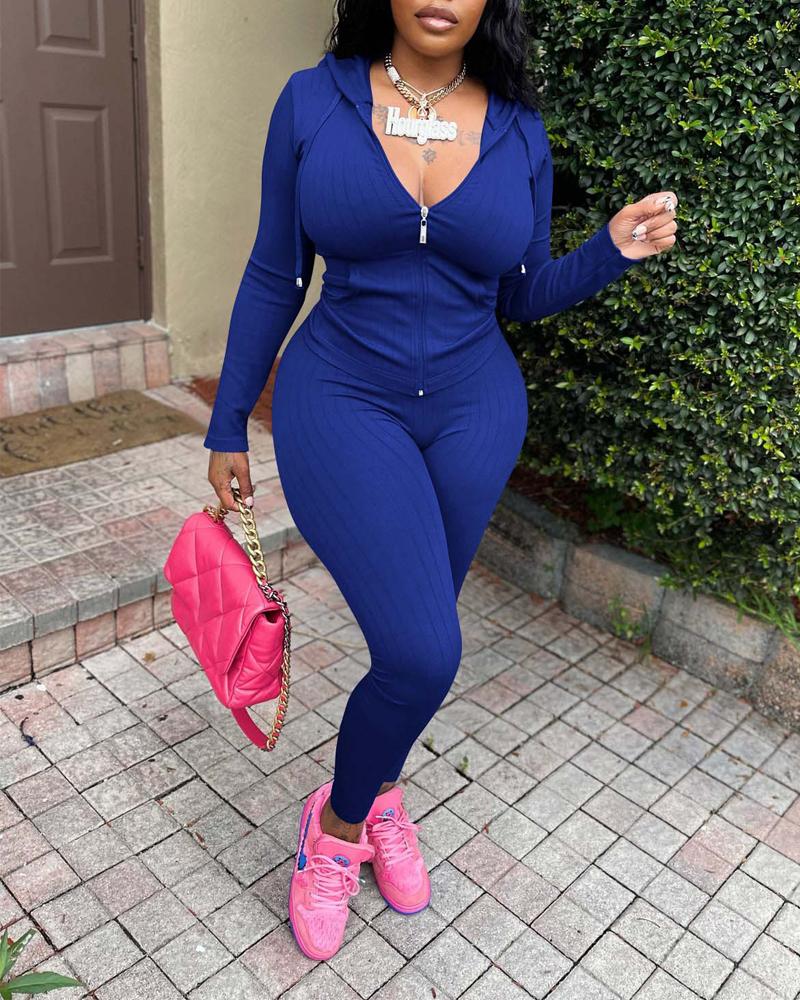 

Ribbed Long Sleeve Zip Up Hooded Top & Pants Set, Blue