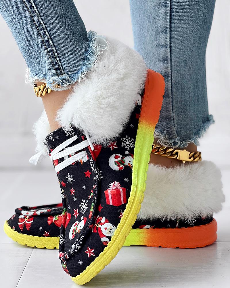 

Christmas Snowman Gift Snowflake Print Fuzzy Detail Lined Ankle Boots, Black