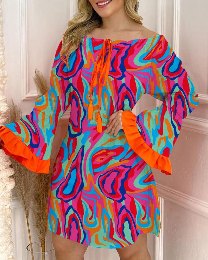 

Multi-Color Abstract Print Bell Sleeve Dress, Hot pink