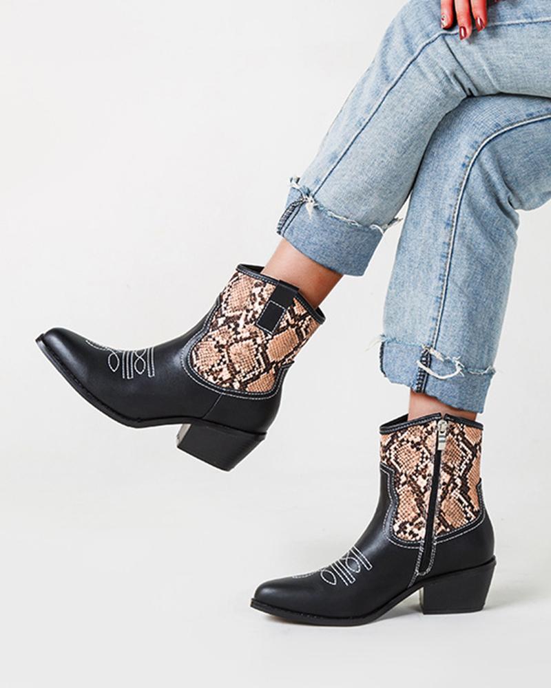 

Round Toe Snake Print Patchwork Western Short Boots, Brown