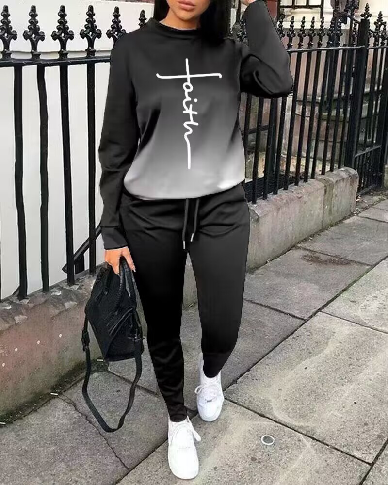 

Ombre Faith Print Sweatshirt & Drawstring Pants Set, Black