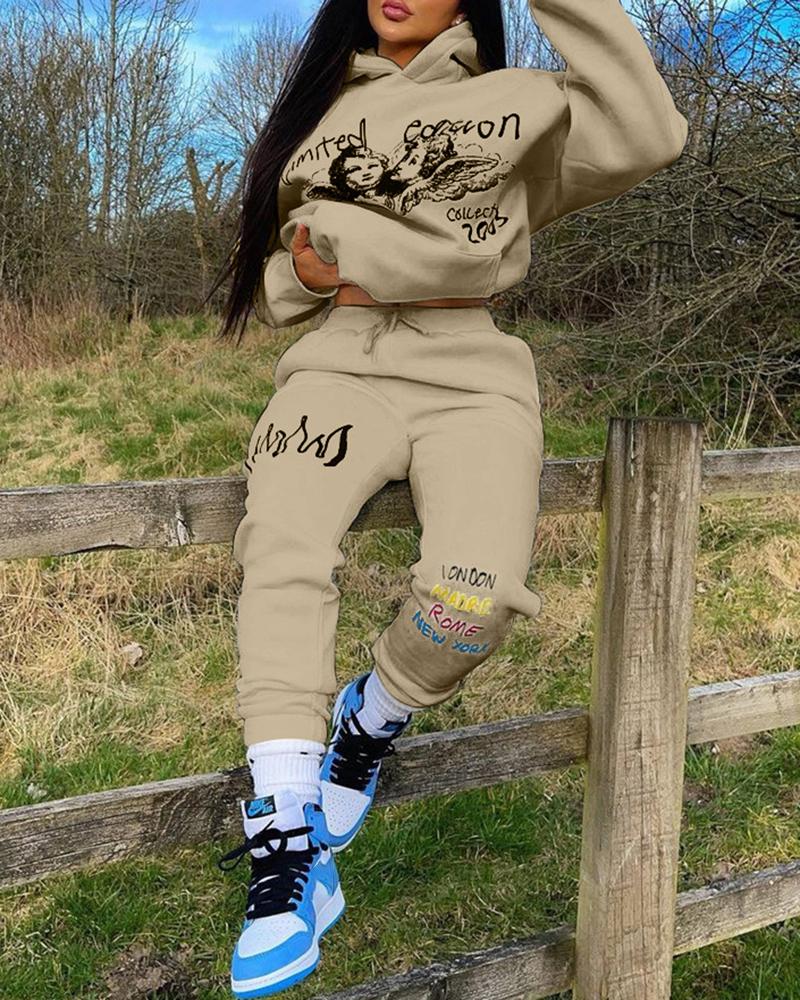 

Letter Graphic Print Hooded Sweatshirt & Pants Set, Khaki