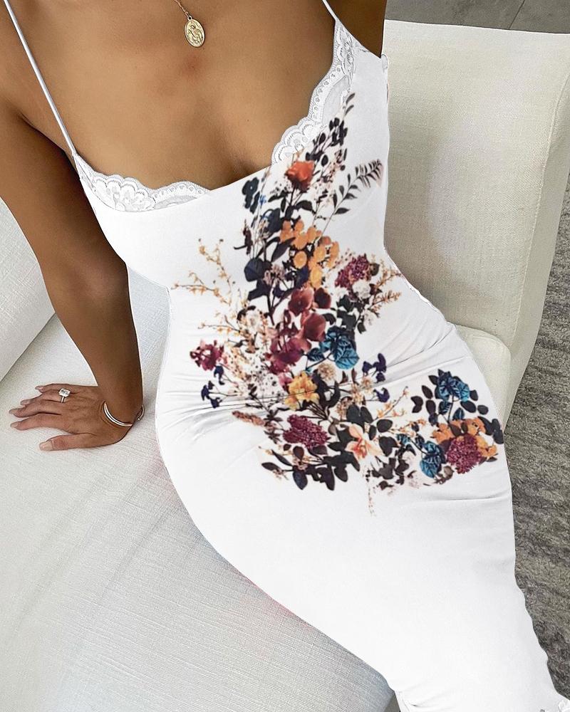

Lace Trim Floral Print Skinny Dress, White