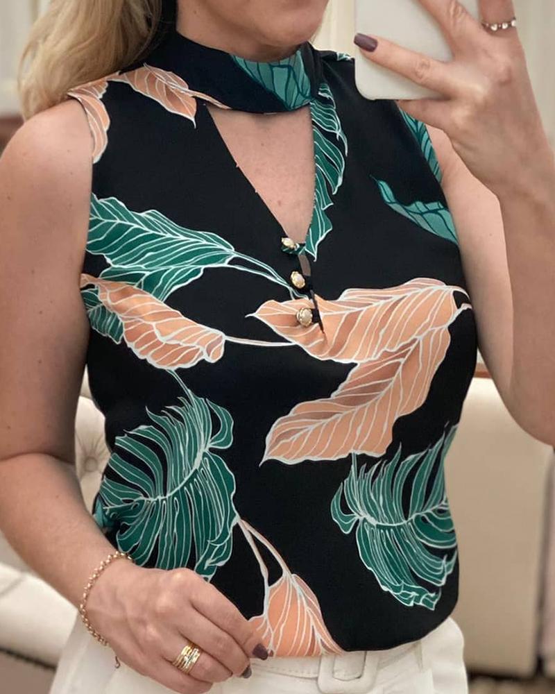 

Leaves Print Cut-out Sleeveless Tank Top, Black