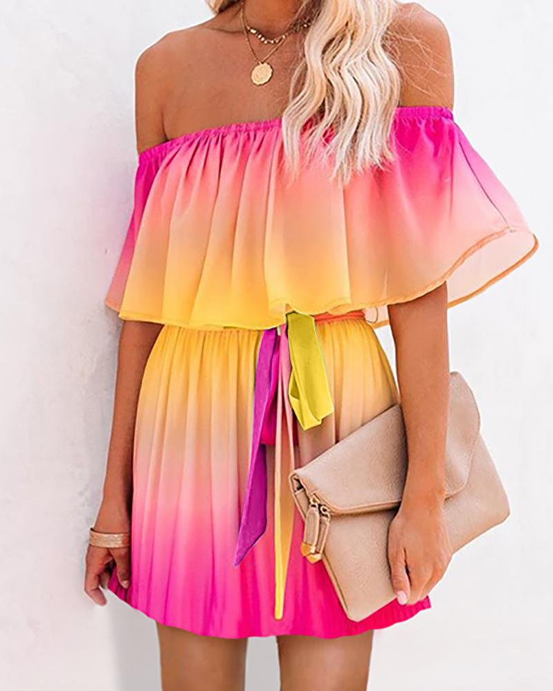 

Tie Dye Print Off Shoulder Ruffle Hem Belted Dress, Multicolor