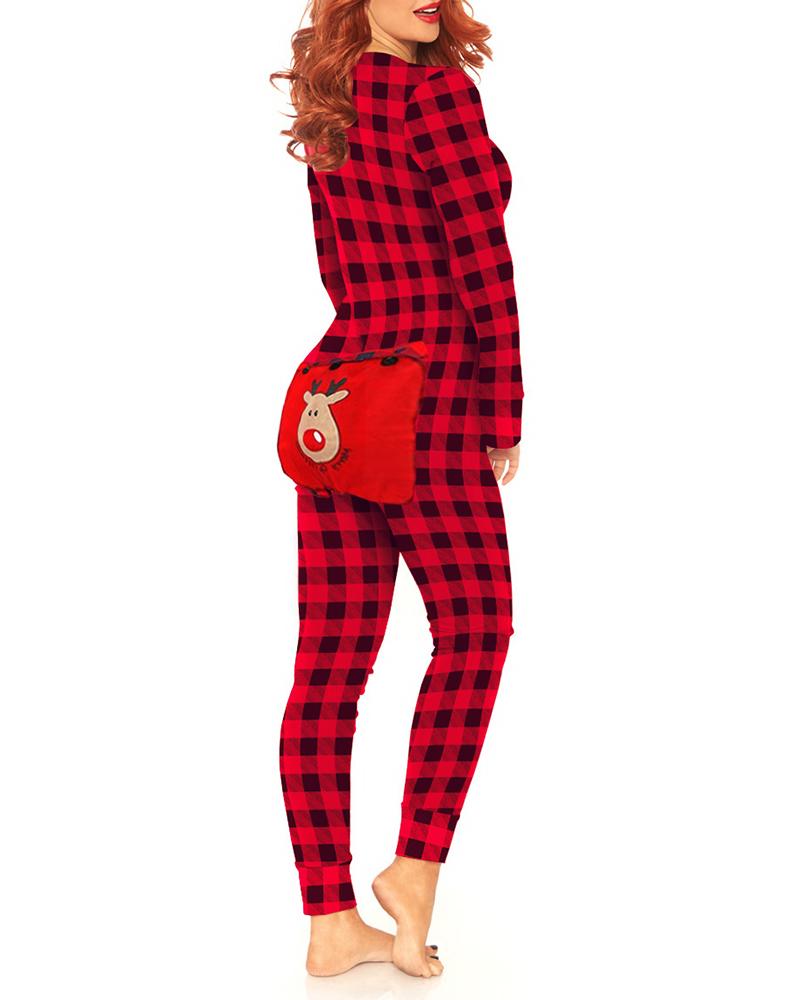 

Christmas Plaid Functional Buttoned Flap Adults Pajamas, Red