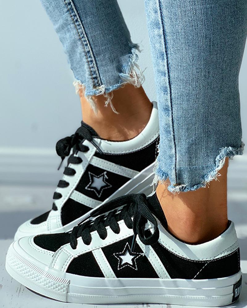 

Star Pattern Colorblock Lace-up Canvas Shoes, Black
