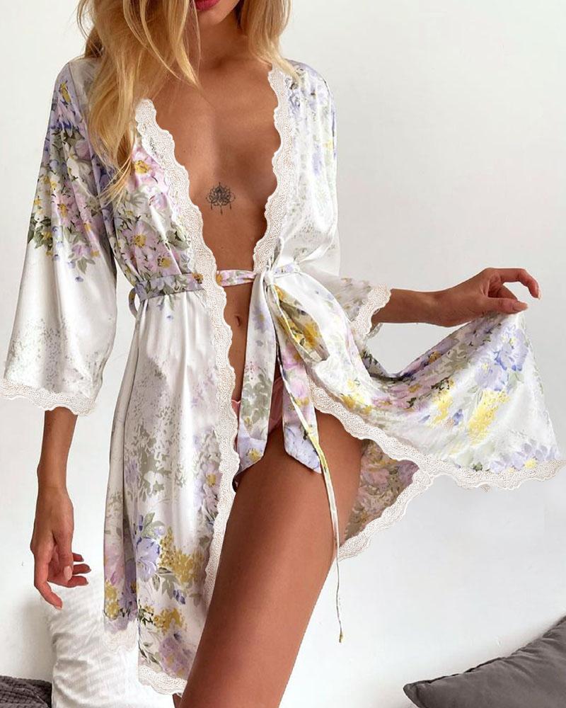 

Floral Print Contrast Lace Belted Satin Night Robe, White