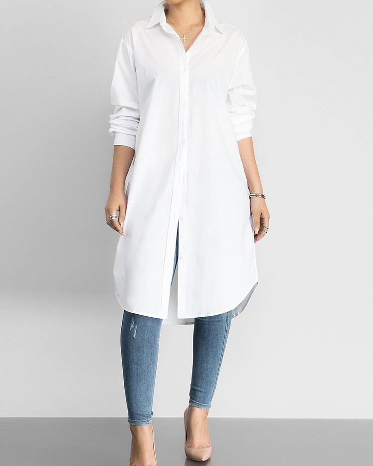 

Buttoned Curve Hem Casual Longline Blouse - White