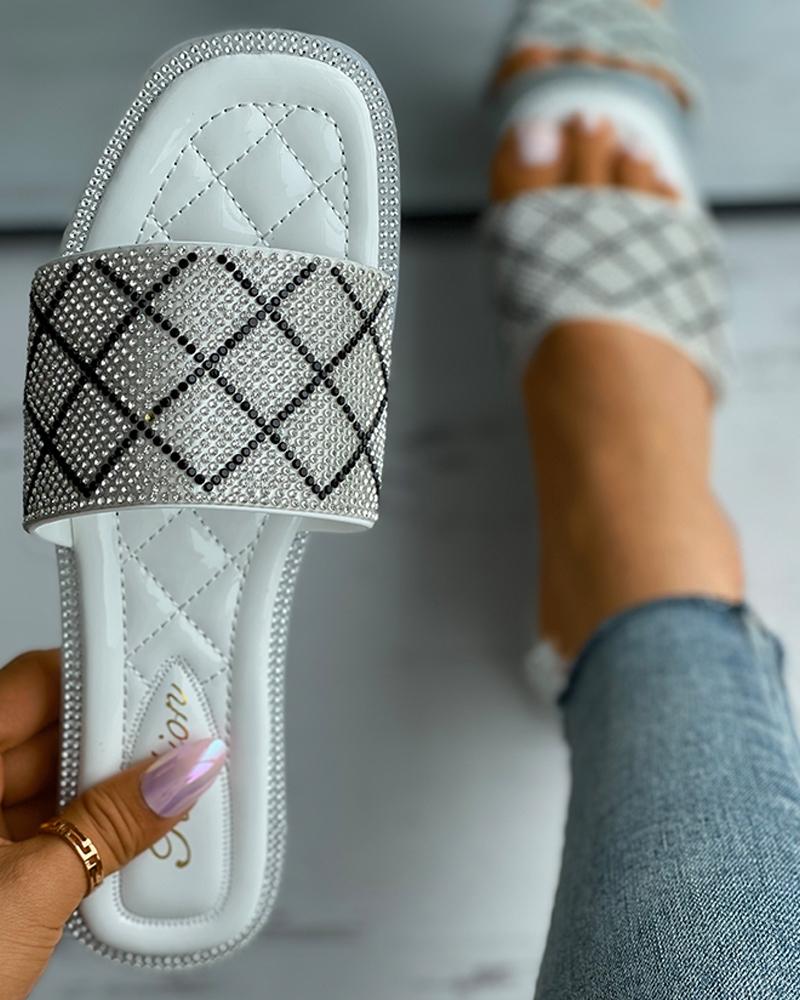 

Colorblock Rhinestone Square Toe Slippers, White