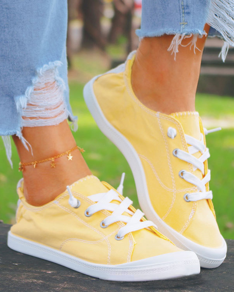 

Contrast Paneled Lace-Up Canvas Sneakers, Yellow