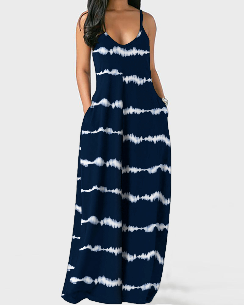 

Tie Dye Print Pocket Design Spaghetti Strap Maxi Dress, Purplish blue