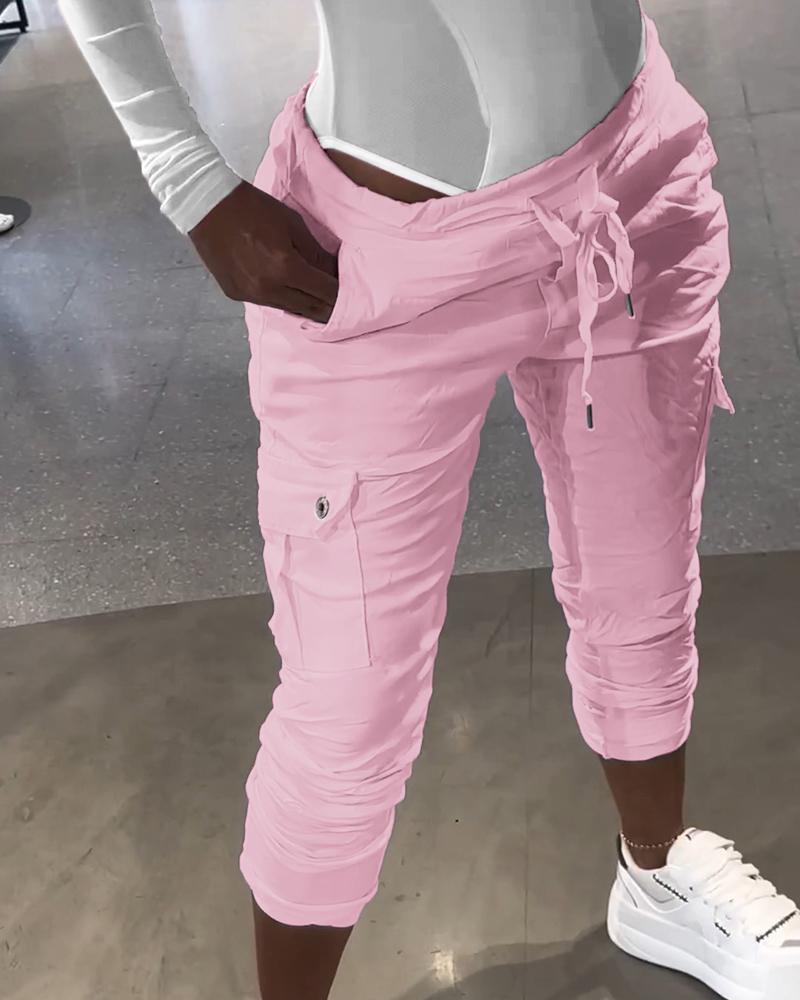 

Pocket Design Drawstring Casual Pants, Pink