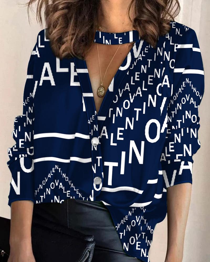 

Letter Print Button Front Long Sleeve Top, Purplish blue