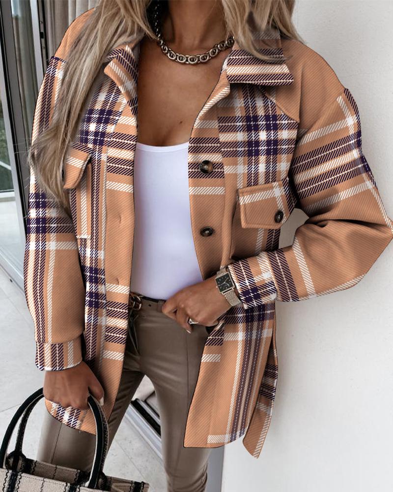 

Plaid Print Flap Pocket Detail Long Sleeve Button Up Coat, Brown