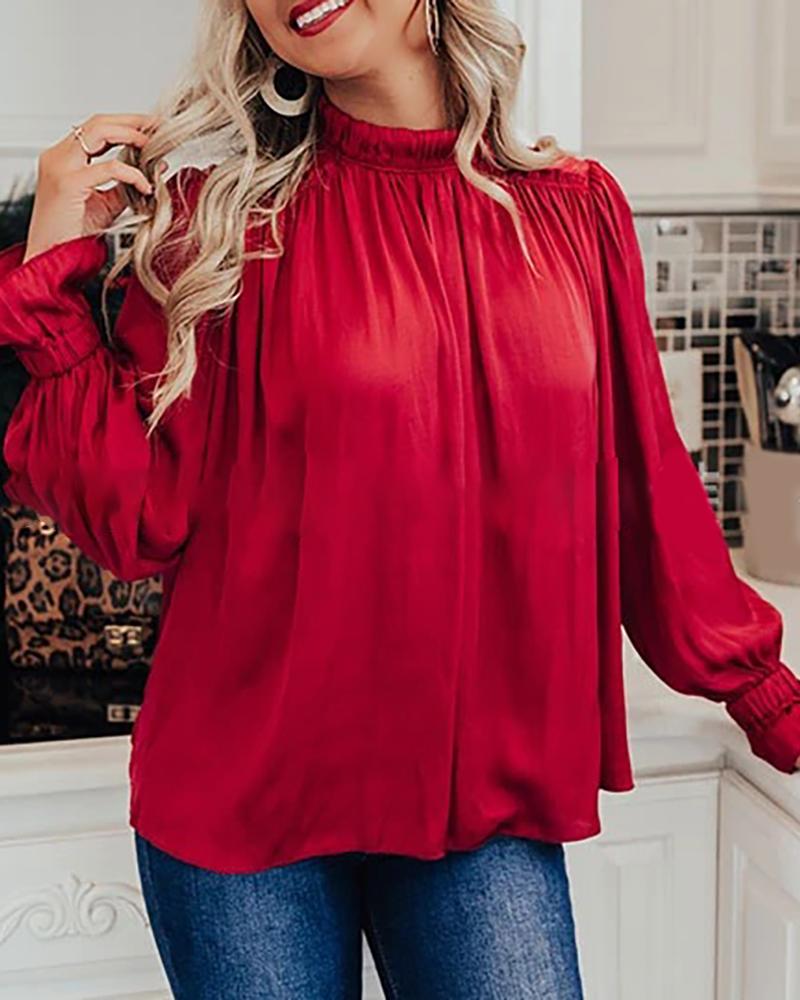 

Plain Long Sleeve Ruched Blouse, Red