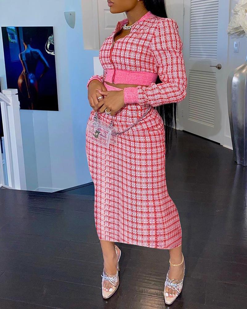 

Plaid Pattern Zipper Design Top & High Waist Skirt Set, Red