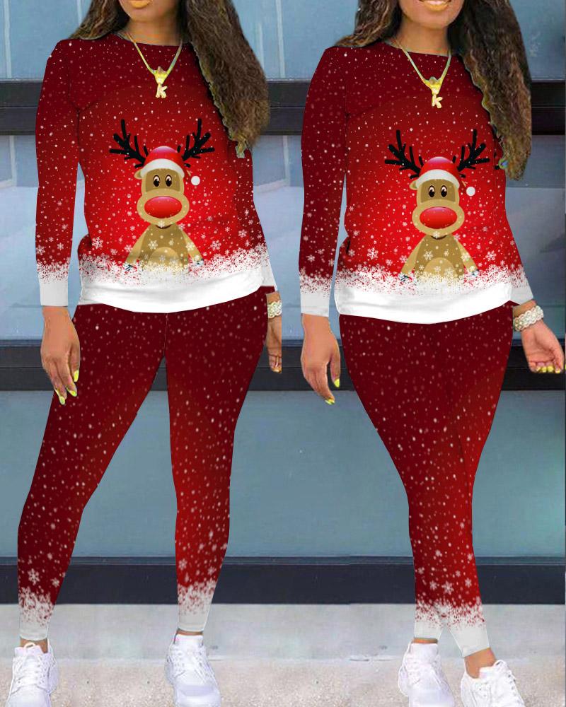 

Christmas Snowflake Elk Print Long Sleeve Top & Pants Set, Red