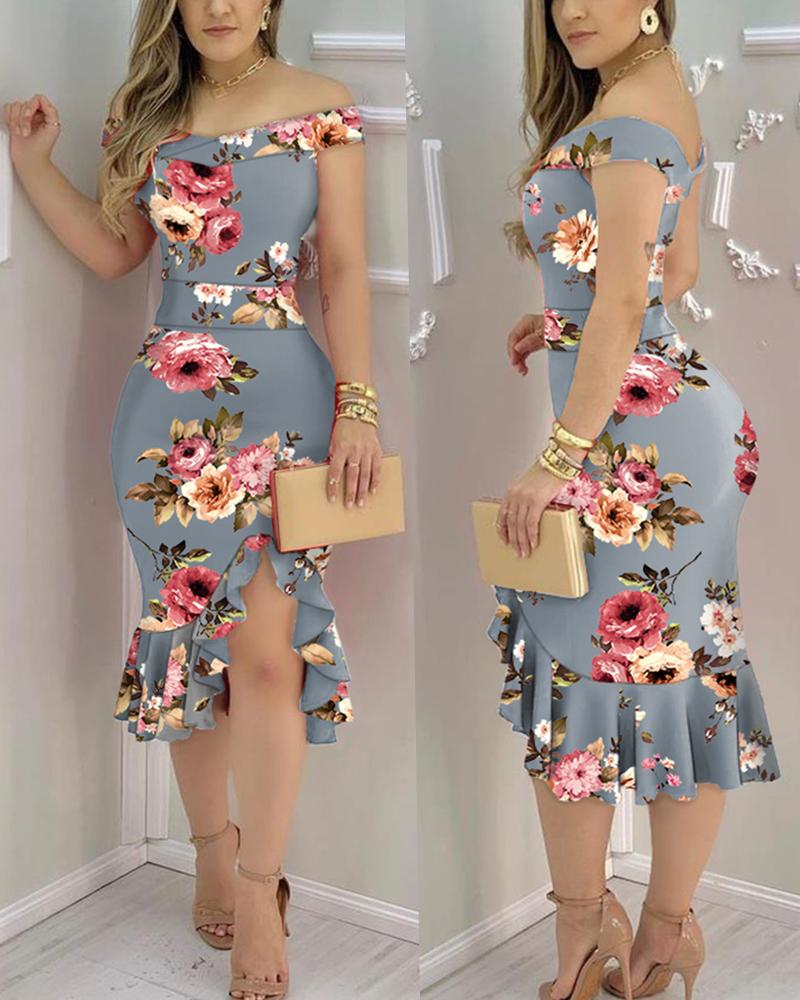 

Floral Print Ruffle Hem Split Mermaid Bodycon Dress, Gray